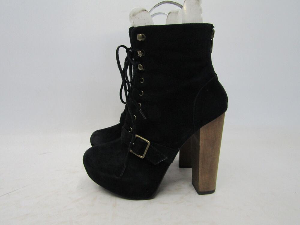 Steve Madden Womens Sz 7.5 M Black Suede Zip Buckle Laces Ankle Fashion Boots